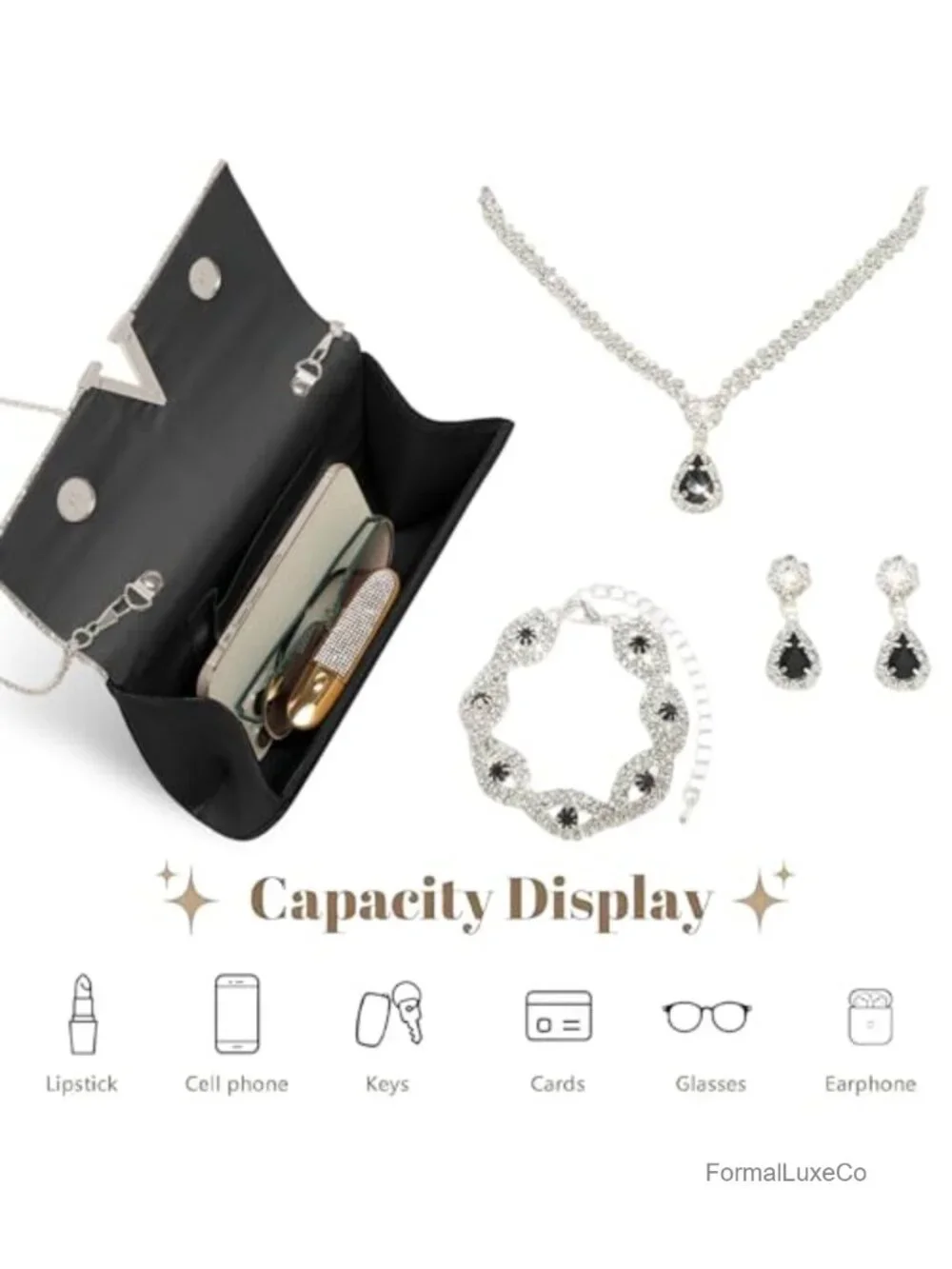 Evening Clutch Purse with Rhinestone Jewelry Set - Wedding Party Bag